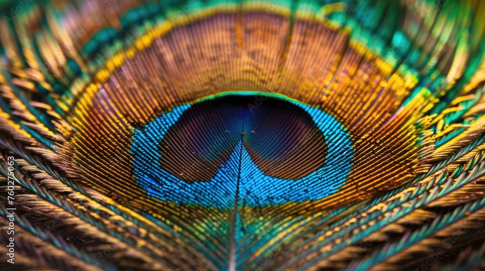 Naklejka premium A macro photograph of a peacock feathers eye displaying its complex beauty and design
