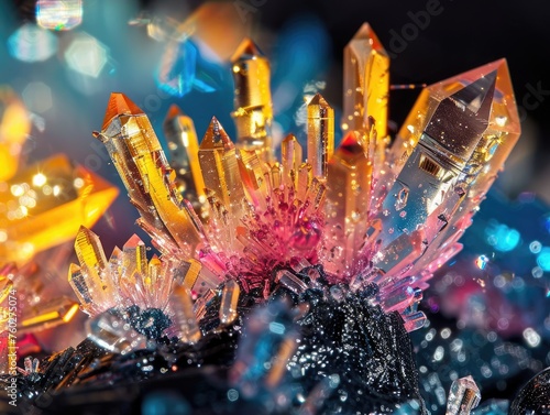 A macro photograph of crystals forming in a supersaturated solution creating a miniature landscape