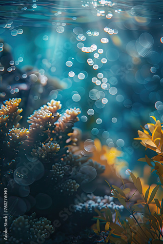 Marine life depicted in a bokeh-filled underwater scene