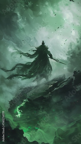 man cloak sword sky emerald color splash green smoke painted arcane wanderer greed creating presence