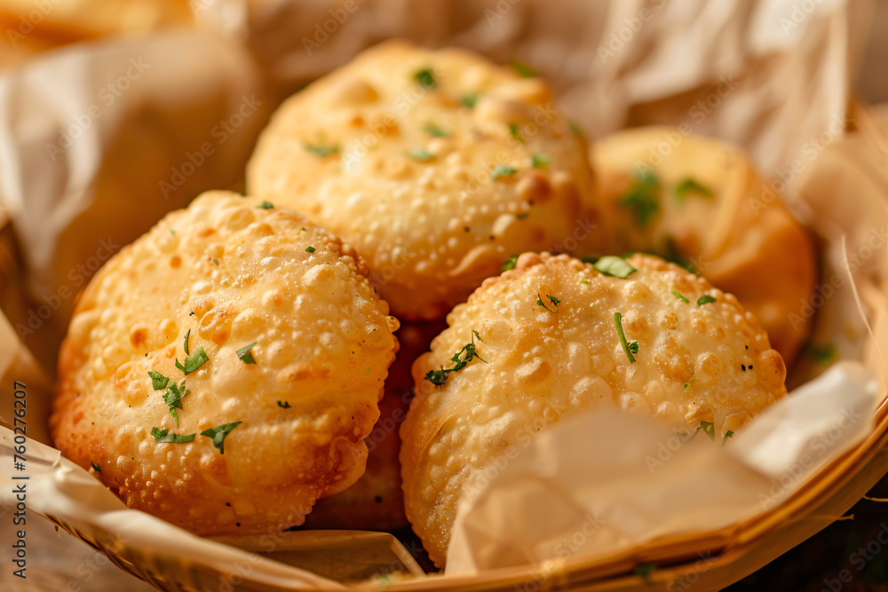 Basket of crispy golden puris garnished with fresh chopped herbs. Basket of crispy golden puris garnished with fresh chopped herbs.