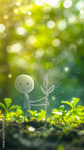 cartoon figure holding plant middle field positive mood particles background smiling aliased microscopic simple figures open hand header connecting life remove gardening photo