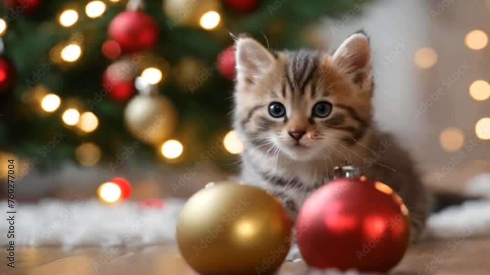 cat with christmas tree in the background 