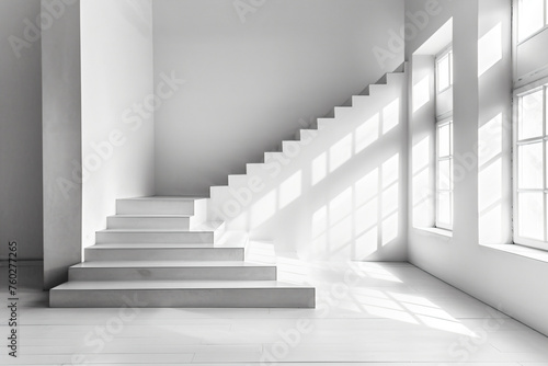 a staircase in a white room with a window