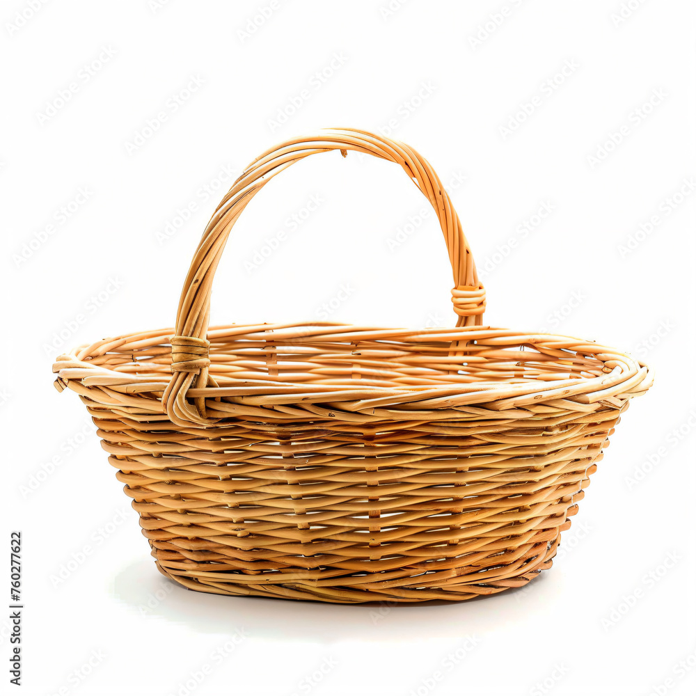 a wicker basket with a handle on a white background