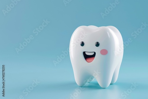 3D illustration of a healthy white tooth character on plain blue background