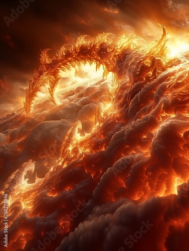 flames rising clouds sky cataclysmic angered sun dragon visually stunning fractal world angels demons princess cloud