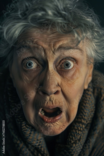 An old woman with a terrified look © grey