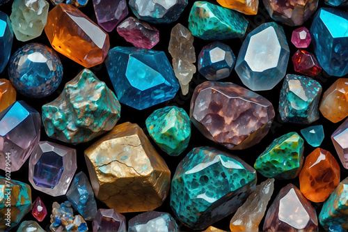 Highly Polished Stones Crystals and Gems on a Black Background
