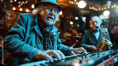 Elderly Music Band Performing with Keyboard, Drum, and Saxophone, Senior Musicians Playing Jazz, Live Concert Performance, Generative AI

 photo
