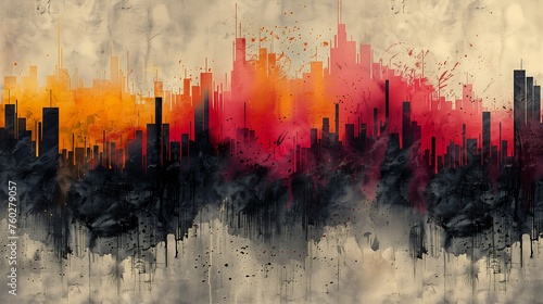 city skyline red yellow sky fluid colored smoke color abstract representing data flowing rhythms irons world only concrete thick layers sound waves photo