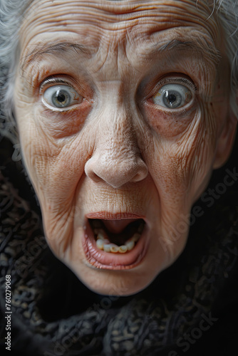 An old woman with a terrified look © grey