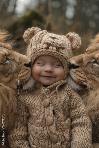 baby sitting two lions kissing smile knitted hat overjoyed amazing inspiring mouths while smiling shields photo