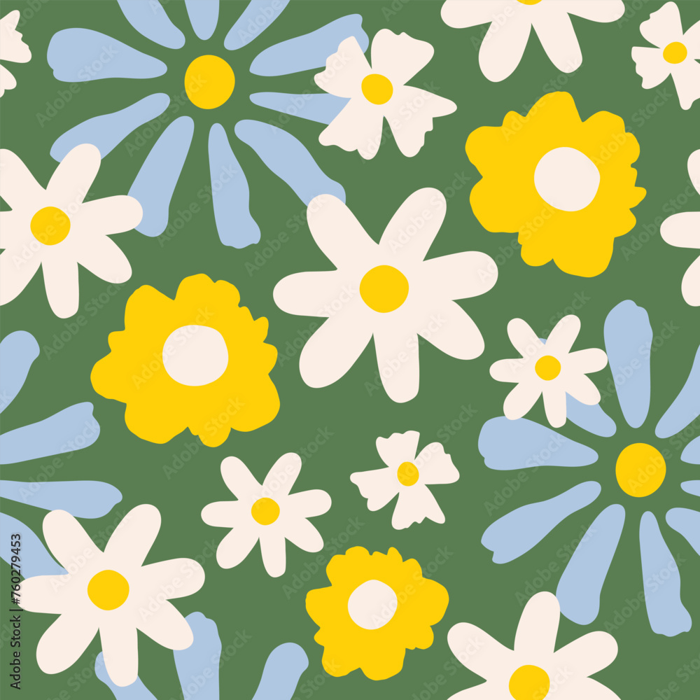 Seamless pattern with white, yellow and blue groovy daisy flowers on a green background. Pastel colors. Vector illustration. Seamless pattern with white, yellow and blue groovy daisy flowers on a green background. Pastel colors. Vector illustration.