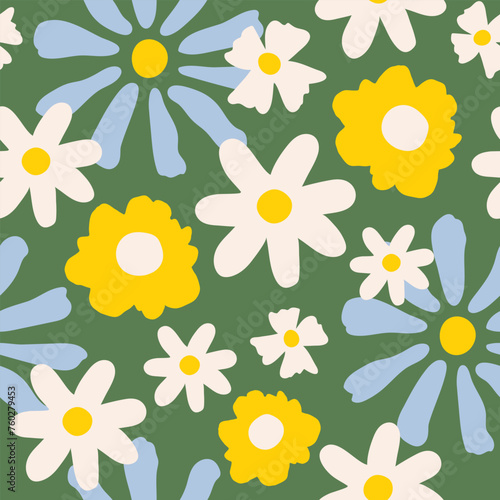 Seamless pattern with white, yellow and blue groovy daisy flowers on a green background. Pastel colors. Vector illustration.