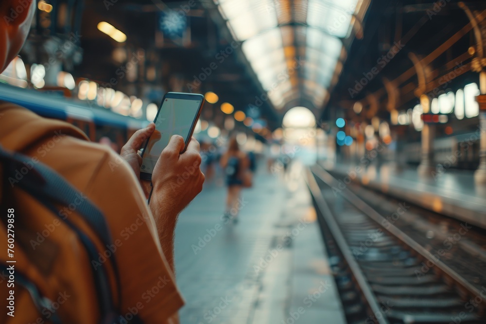 close up hand of a man looking phone on railway station platform and waiting train close up hand of a man looking phone on railway station platform and waiting train