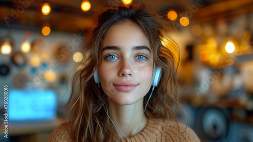 A young woman is pictured enjoying music through her earphones, featuring a warm, ambient-lit cafe environment in the background - Generative AI