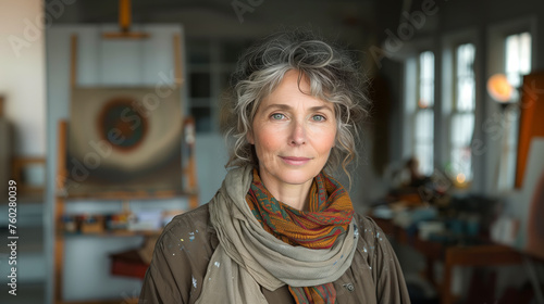 Portrait of a mature woman with grey hair in an art studio, warm tones and natural light. Artistic and lifestyle concept. Generative AI © ImageFlow