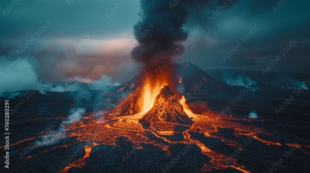 Volcanic eruption with flowing lava and smoke, dramatic sky in the background. Nature disaster concept. Generative AI