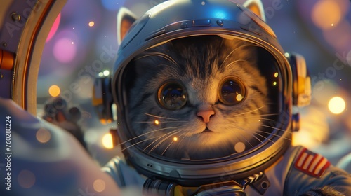 Fototapeta Naklejka Na Ścianę i Meble -  3D rendered cat in astronaut gear floating in a space capsule