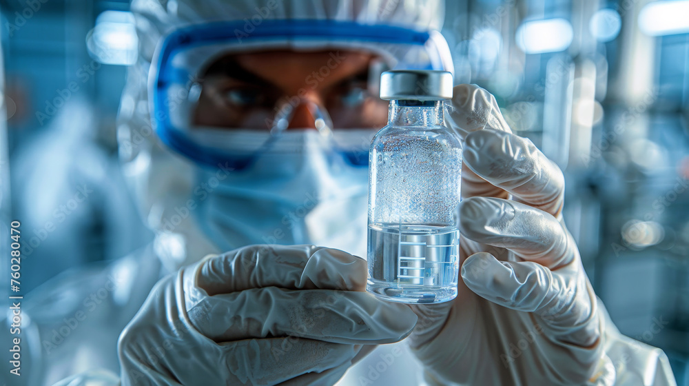 Man in protective lab suit holding a vaccine ampule in a laboratory, close-up photo, blurry background, healthcare concept. Generative AI - obrazy, fototapety, plakaty 
