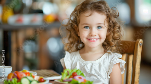 A child smiling at the camera  with a bowl of healthy salad in the foreground. Indoor  natural daylight. Healthy lifestyle concept. Generative AI