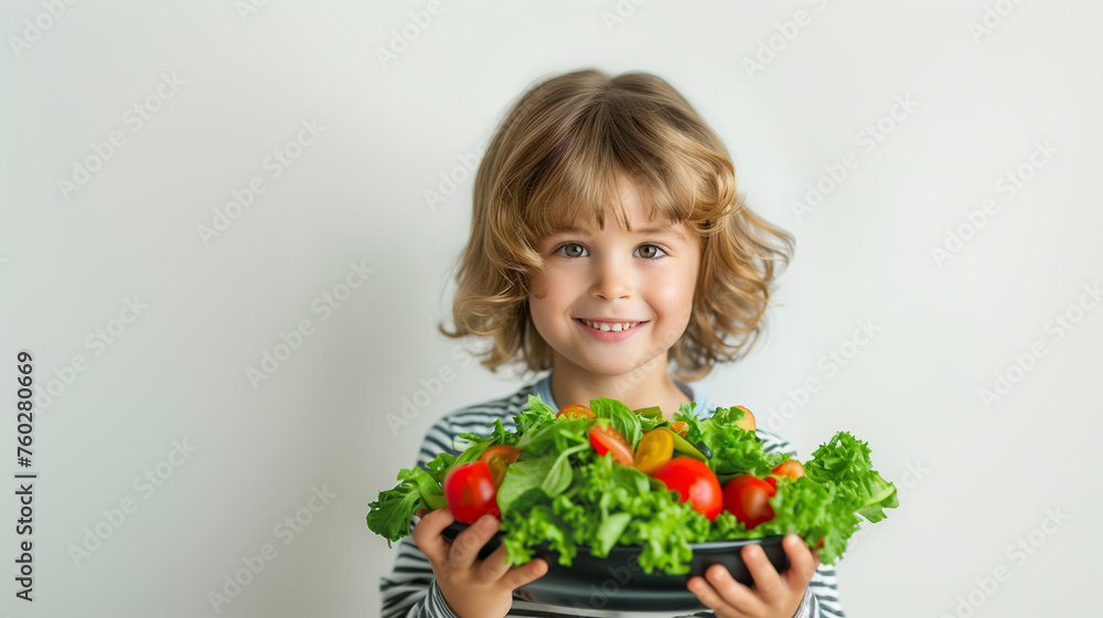 A child smiling and holding a bowl of salad, photographic style, on a light background, healthy eating concept. Generative AI A child smiling and holding a bowl of salad, photographic style, on a light background, healthy eating concept. Generative AI