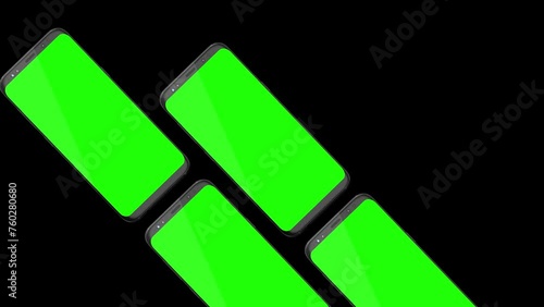 Multiple Smartphones Mockup Series with blank green screen, isolated on Black background. HD animation for app Prentation and commercials photo