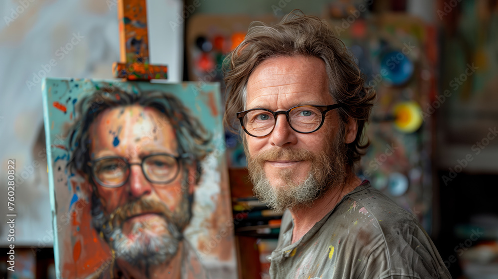 Portrait of a smiling male artist in a studio with a painted self-portrait on canvas in the background. Casual art studio setting. Generative AI Portrait of a smiling male artist in a studio with a painted self-portrait on canvas in the background. Casual art studio setting. Generative AI