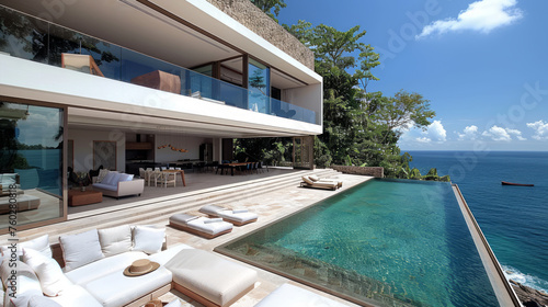 Luxurious villa with infinity pool overlooking the ocean, set on a tropical cliff, with a clear sky. Real estate and vacation concept. Generative AI © ImageFlow