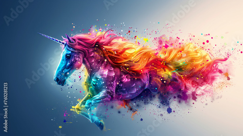 Colorful painting art depicting a closeup unicorn illustration in rainbow colors. photo