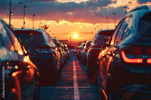cars parked in a mall parking lot at evening © maxin
