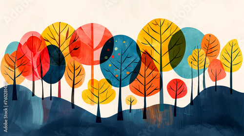 Colorful illustration of trees. Oil art. Banner