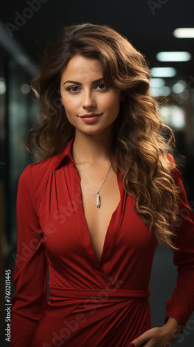 Beautiful 30-year-old woman with light brown hair and pretty brown eyes wearing an elegant low-cut red dress, generative AI