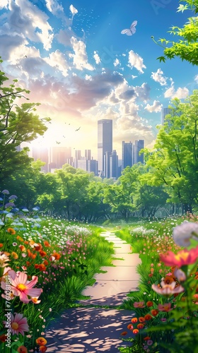 scenery city park pathway flowers end world cleanest sweeping vista street distance sunny empyrean destroyed nature walking garden