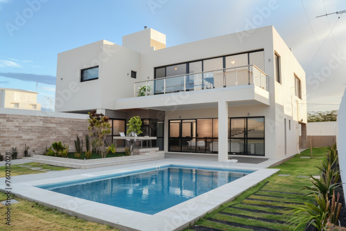 modern two-story house with a swimming pool in the backyard, beige walls and glass window © Kien