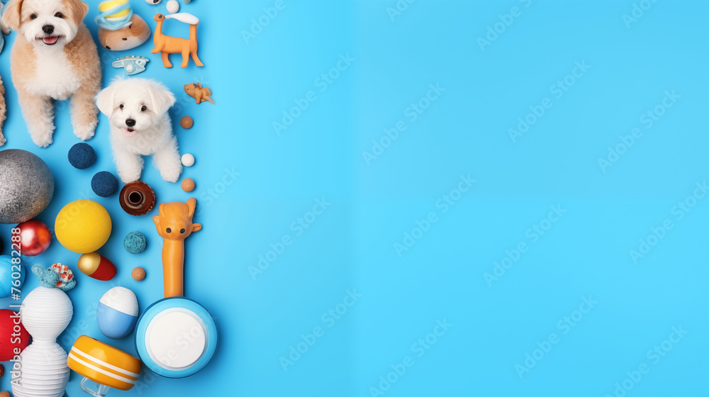 Fototapeta premium Frame of pet toy and training accessories on blue background, top view
