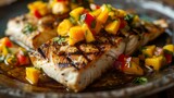 Grilled fish fillet with vibrant mango salsa - A succulent grilled fish fillet adorned with a vibrant mango salsa on a rustic plate