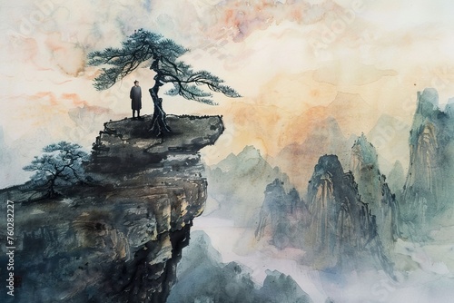 man standing on top of a mountain next to a tree watercolor painting