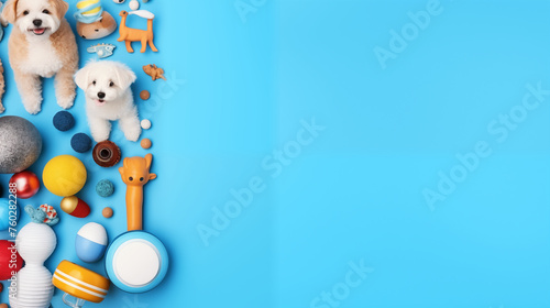 Frame of pet toy and training accessories on blue background, top view