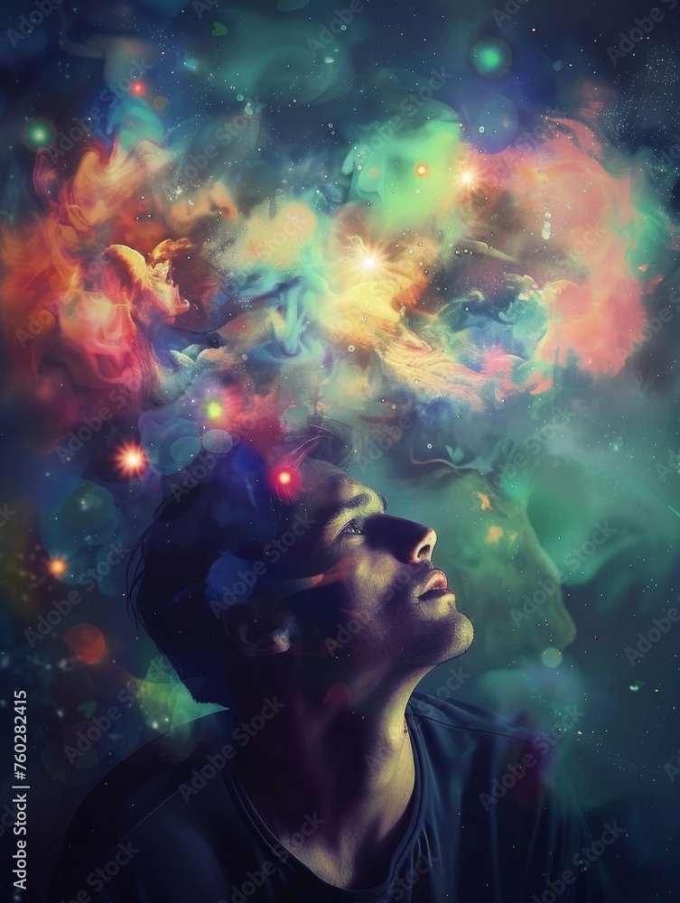 Man with cosmic thoughts and dreams - A man gazes upward, his head surrounded by a vibrant cosmic scene full of stars, nebulae, and celestial wonder, evoking inspiration and creativity