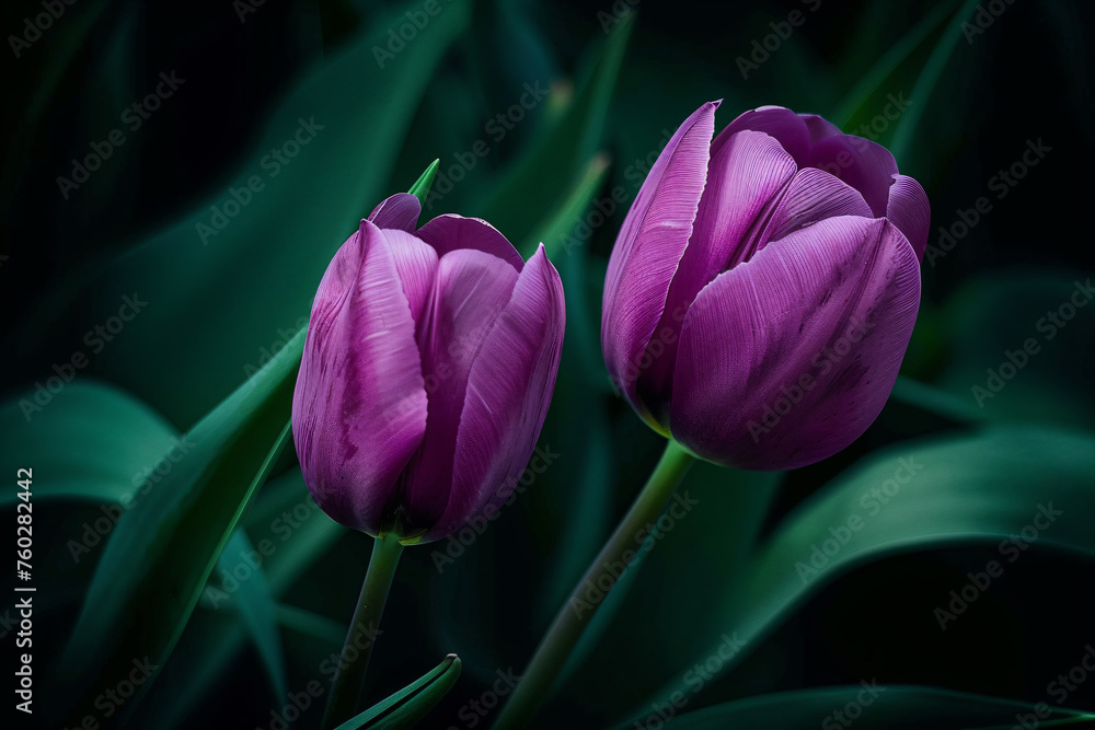 Obraz premium two purple tulips are standing in the dark