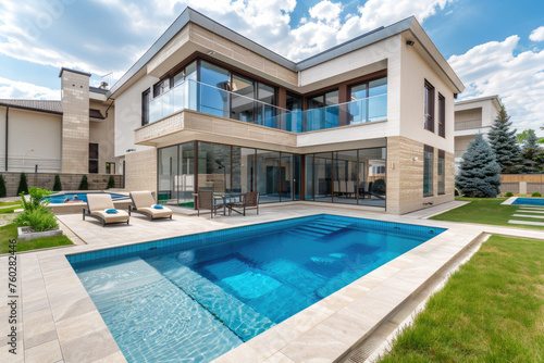 modern two-story house with a swimming pool in the backyard  beige walls and glass window