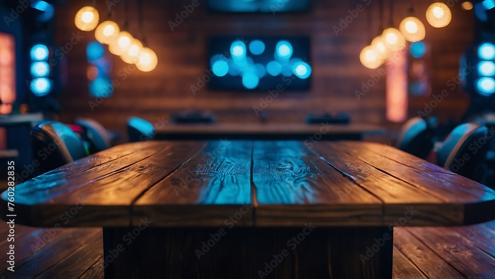 Empty wooden table with beautiful gamer room background, photorealistic - obrazy, fototapety, plakaty 