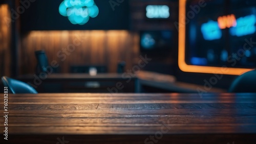 Empty wooden table with beautiful gamer room background, photorealistic photo