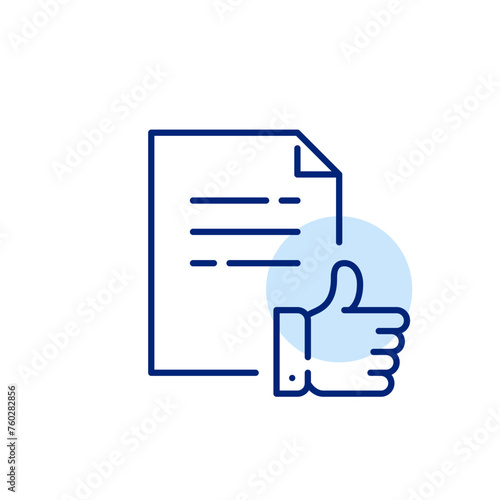 Approved resume. Text document, thumbs up. Successful recruitment. Pixel perfect, editable stroke icon