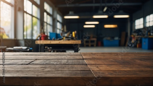 Empty wooden table with beautiful Garage background, photorealistic