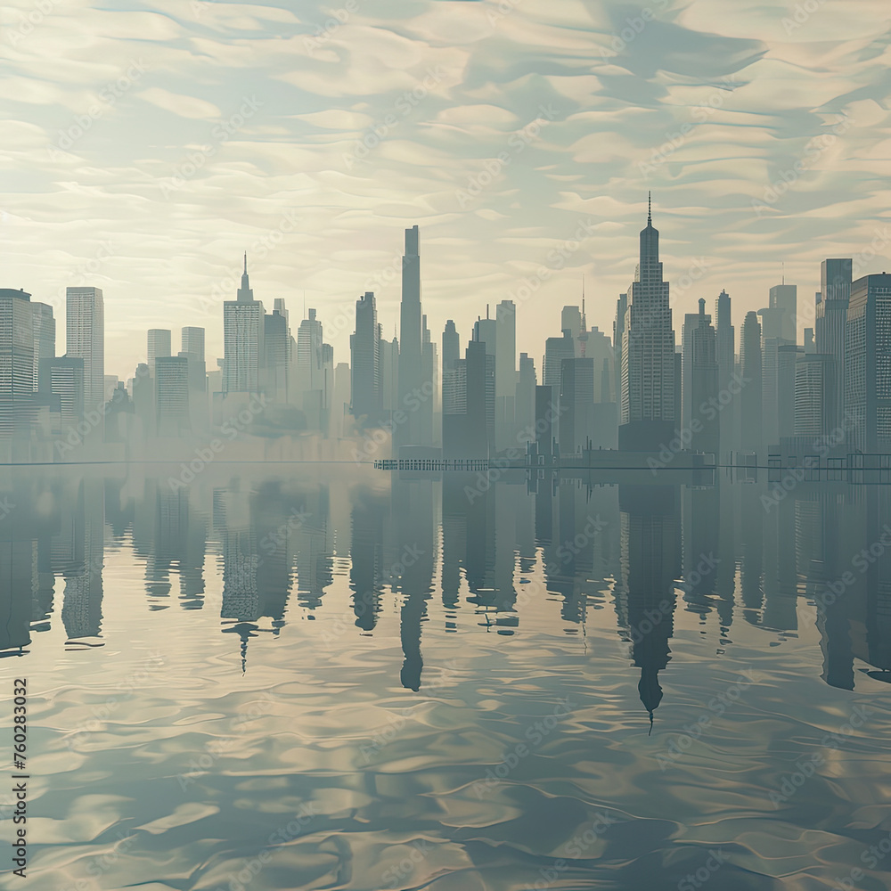 A peaceful vintage city skyline reflected in calm waters