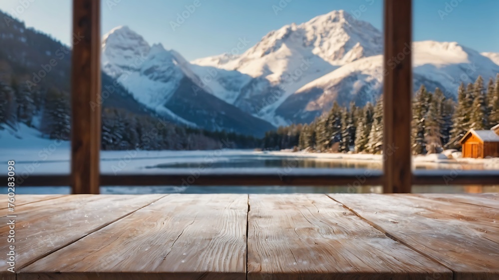 Empty wooden table with beautiful snow mountain winter season background, photorealistic Empty wooden table with beautiful snow mountain winter season background, photorealistic