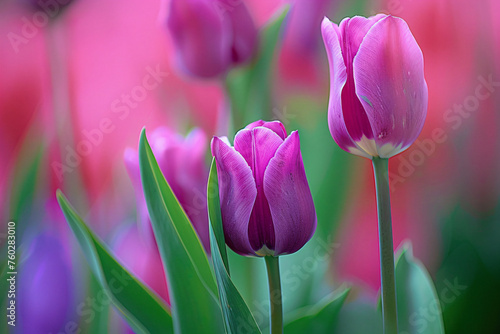 a group of purple tulips in a field